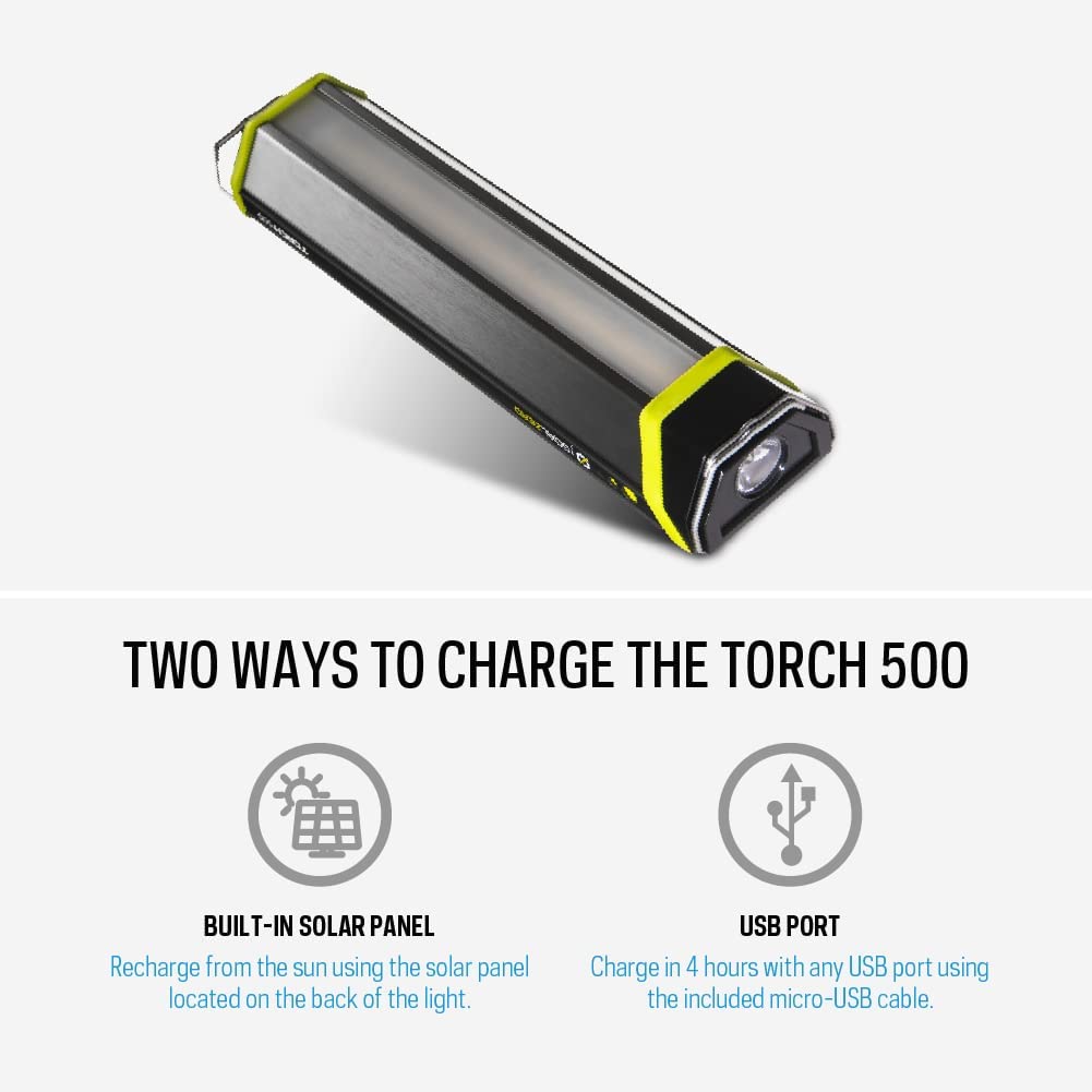 Goal Zero Torch 500 Multi-Use Light. LED Flashlight, 500 Lumen LED Light Solar Lantern. Weatherproof Flashlight. Portable Spotlight and Floodlight. Rechargeable Flashlight with Built-in Solar Panel.